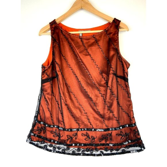 AND Tops - Tristan & Iseut Women's Orange and Black Tulle Sleeveless Embellished Top Size L